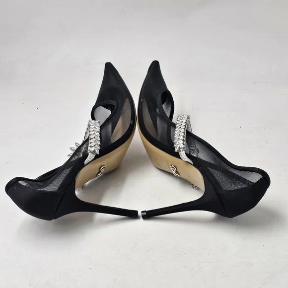 MACH & MACH Lotus Flower Crystal Mesh Pumps Black Stiletto Heels EU38 $1100 - Picture 8 of 11